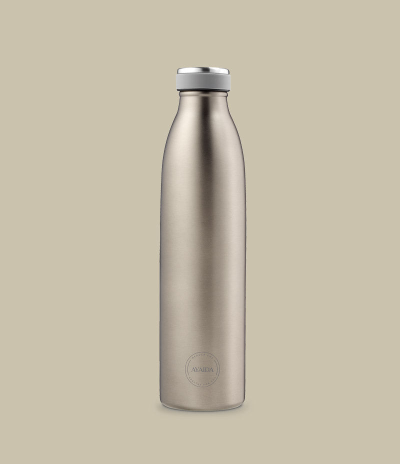 Image shows a grey reusable water bottle with an aluminium lid. At the bottom of the bottle is an Ayaida logo. Ayaida 750ml cool grey reusable water bottle - Nor–Folk